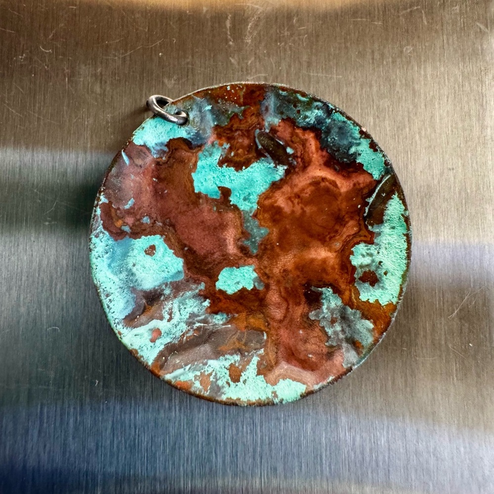 Handmade oxidized copper disc pendant or finding